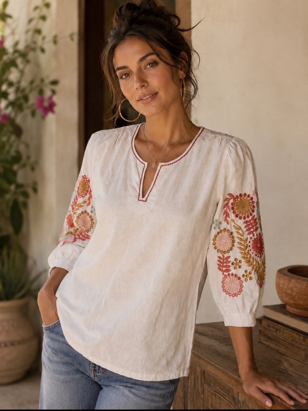 Madewell Embroidered Sleeve BohoTop - Large